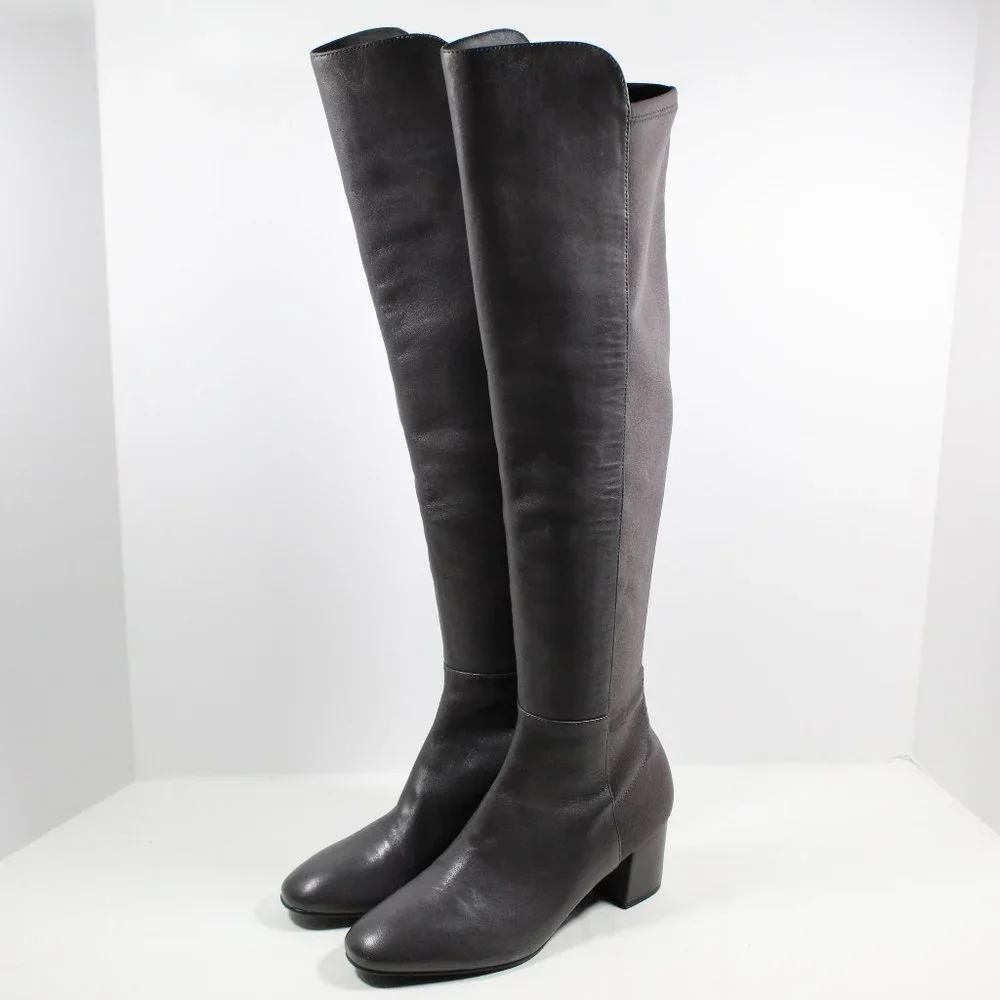 Stuart Weitzman Gillian Leather Block Heel Knee-High Boots - Dark Gray 7M - Picture 1 of 7